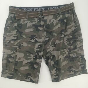 Iron Flex Mens Camo Cargo Shorts Green Camouflage Belted Size 38 Stretch Utility